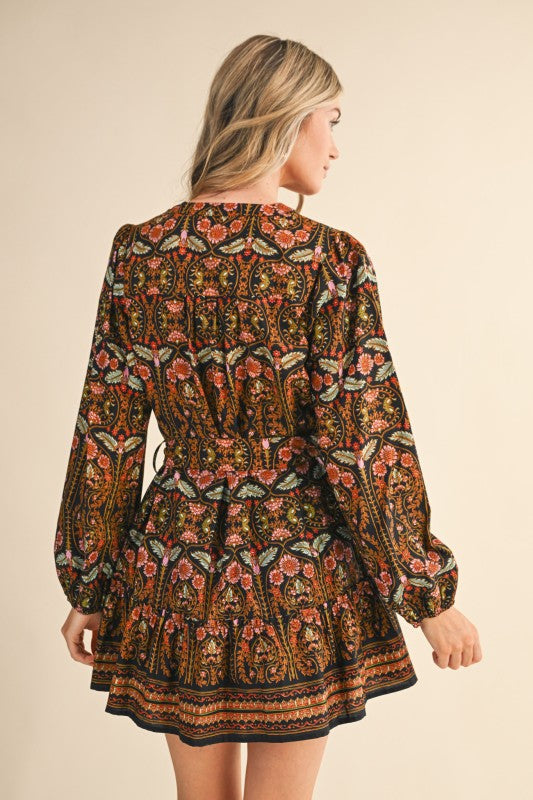 Black Multi Floral Button Down Belted Mini Dress