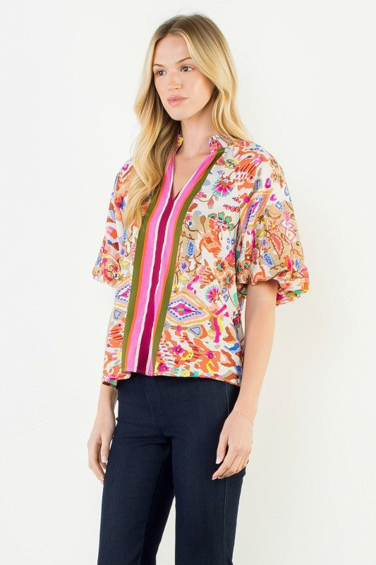 PREORDER: Puff Sleeve Pattern Detail Textured Top