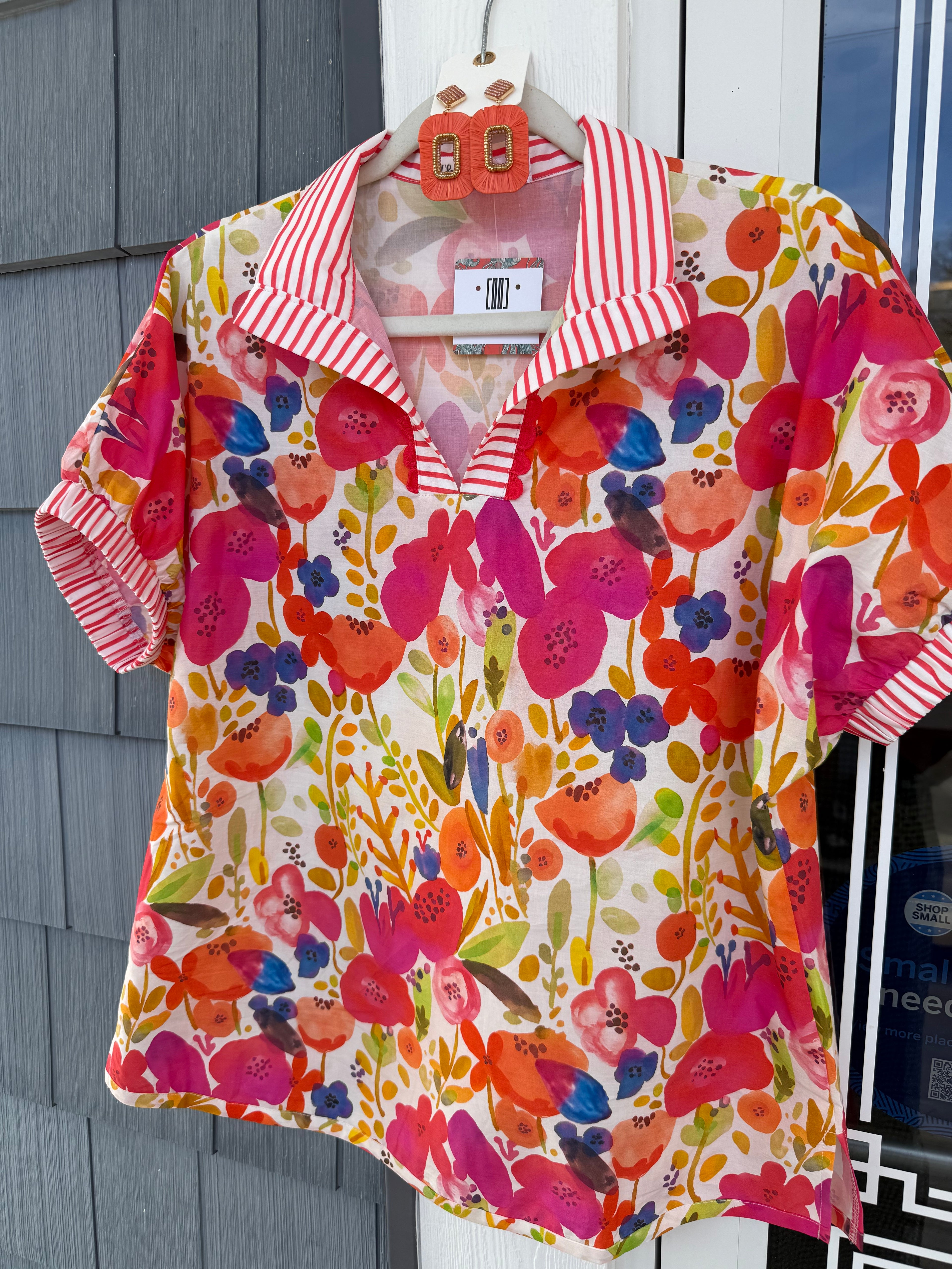 Rose Striped Trim Floral Blouse