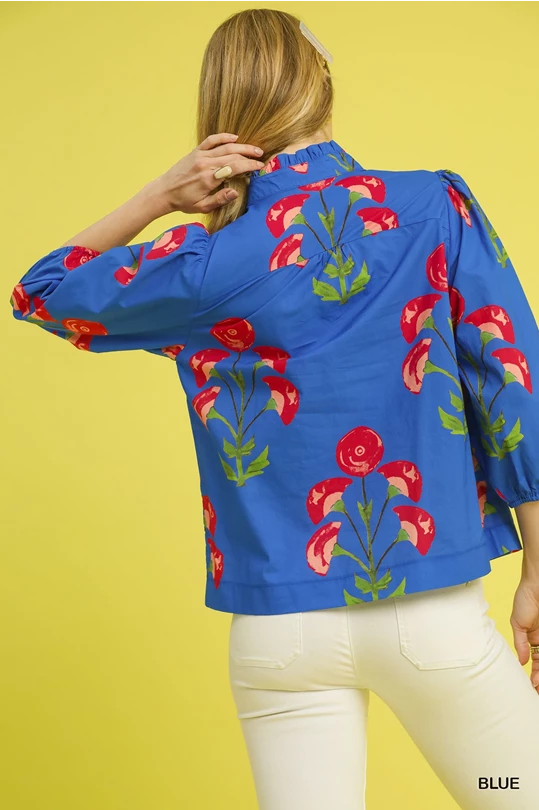 Blue Floral Print Puff Sleeve Blouse