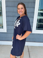 Navy Linen V-Neck Dress