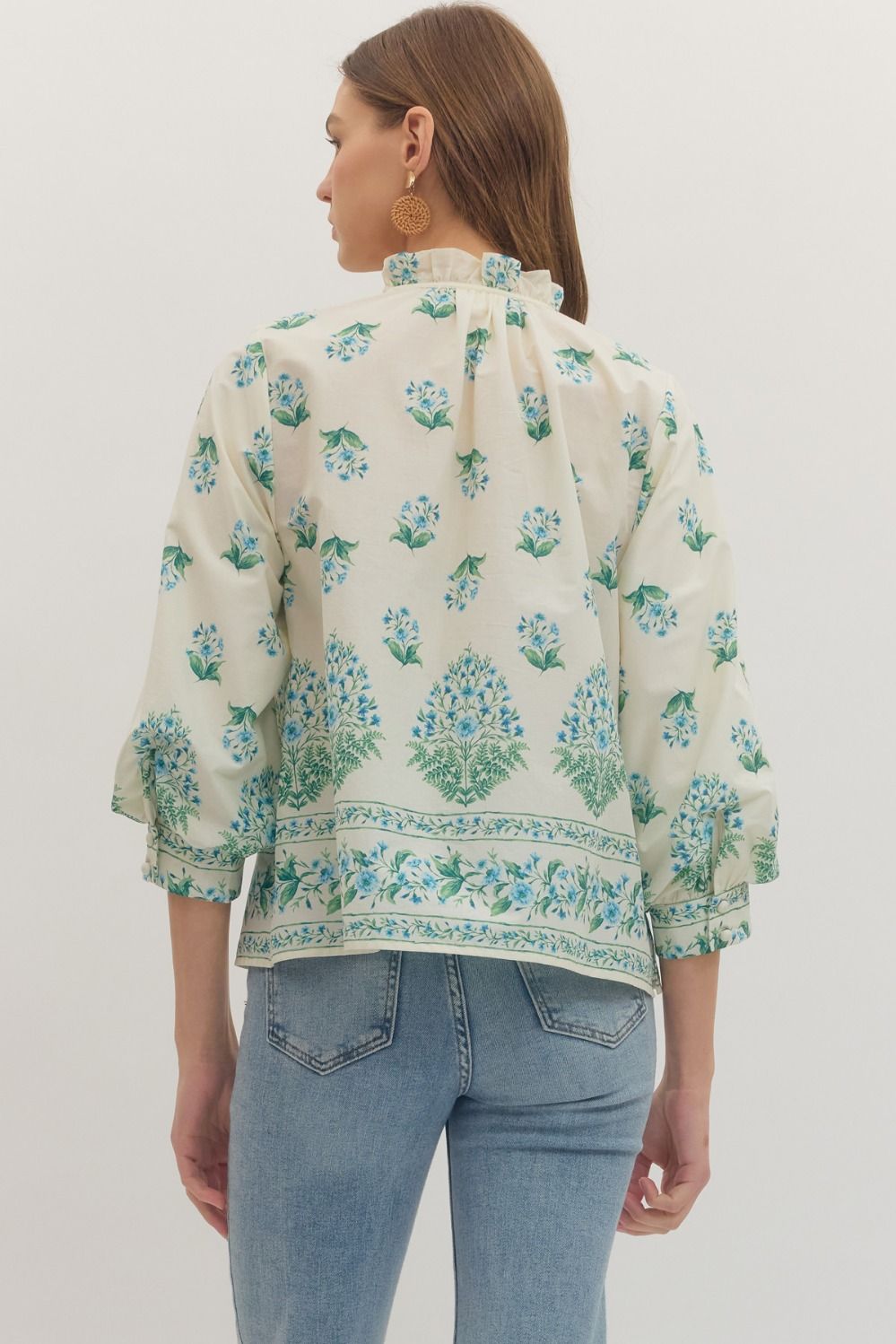Botanical Blue Balloon Sleeve Top