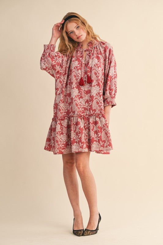 Red Floral Jacquard Smocked Dress
