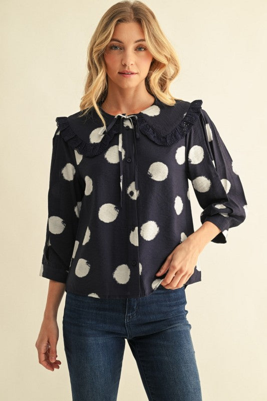 PREORDER: Navy Collared Polka Dot Top