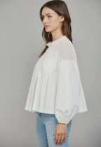 Lace Appliqué Mixed Media LS Blouse White