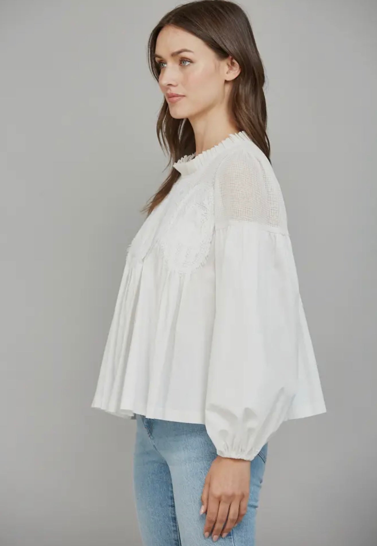 Lace Appliqué Mixed Media LS Blouse White