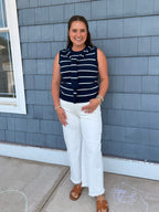 Navy & White Knit Sleeveless Attached Scarf Detail Neckline