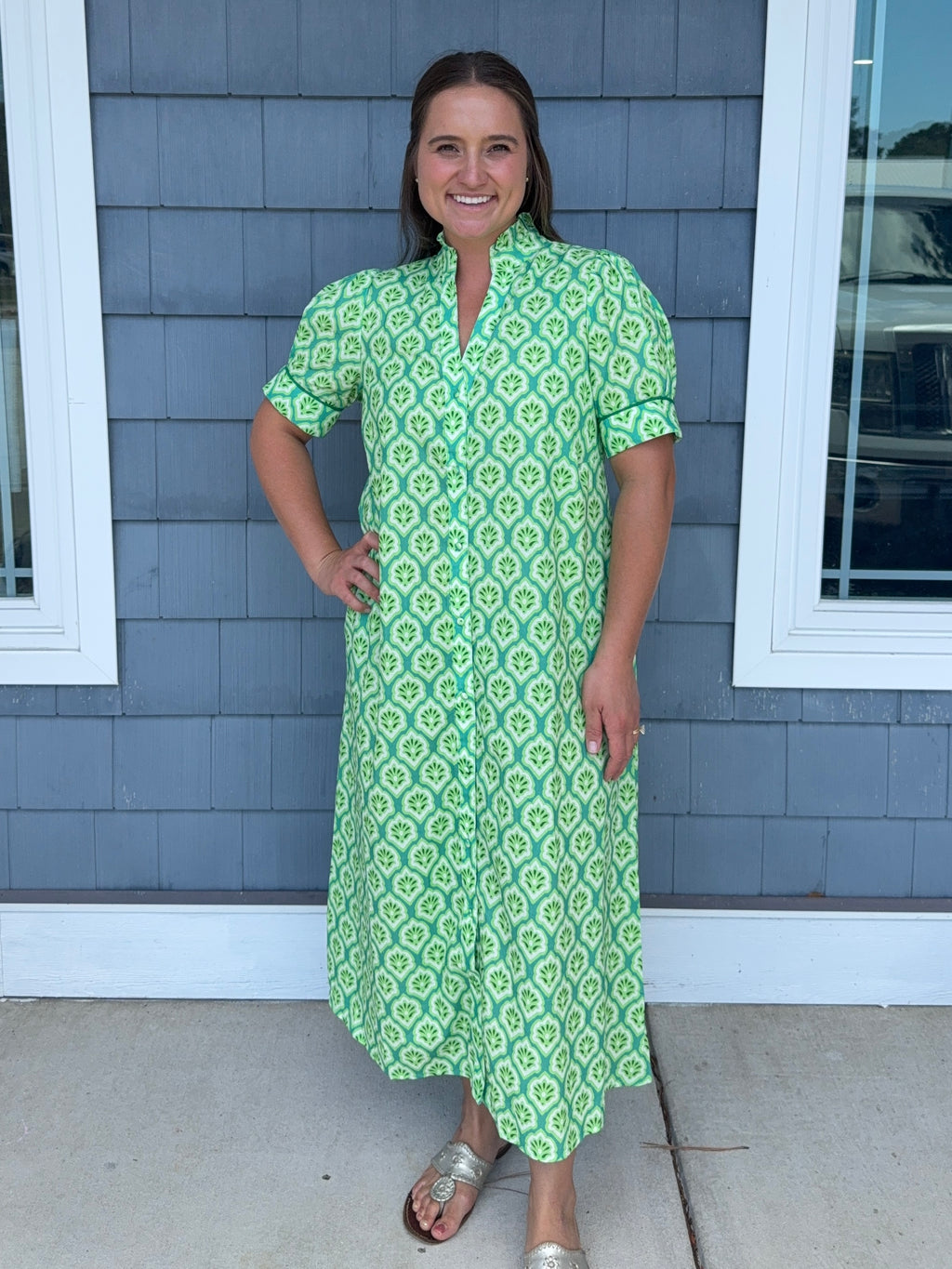 Green Printed Button Down Midi Dress