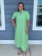 Green Printed Button Down Midi Dress
