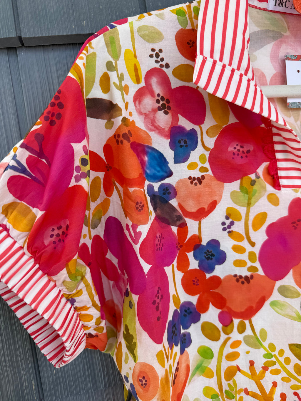 Rose Striped Trim Floral Blouse