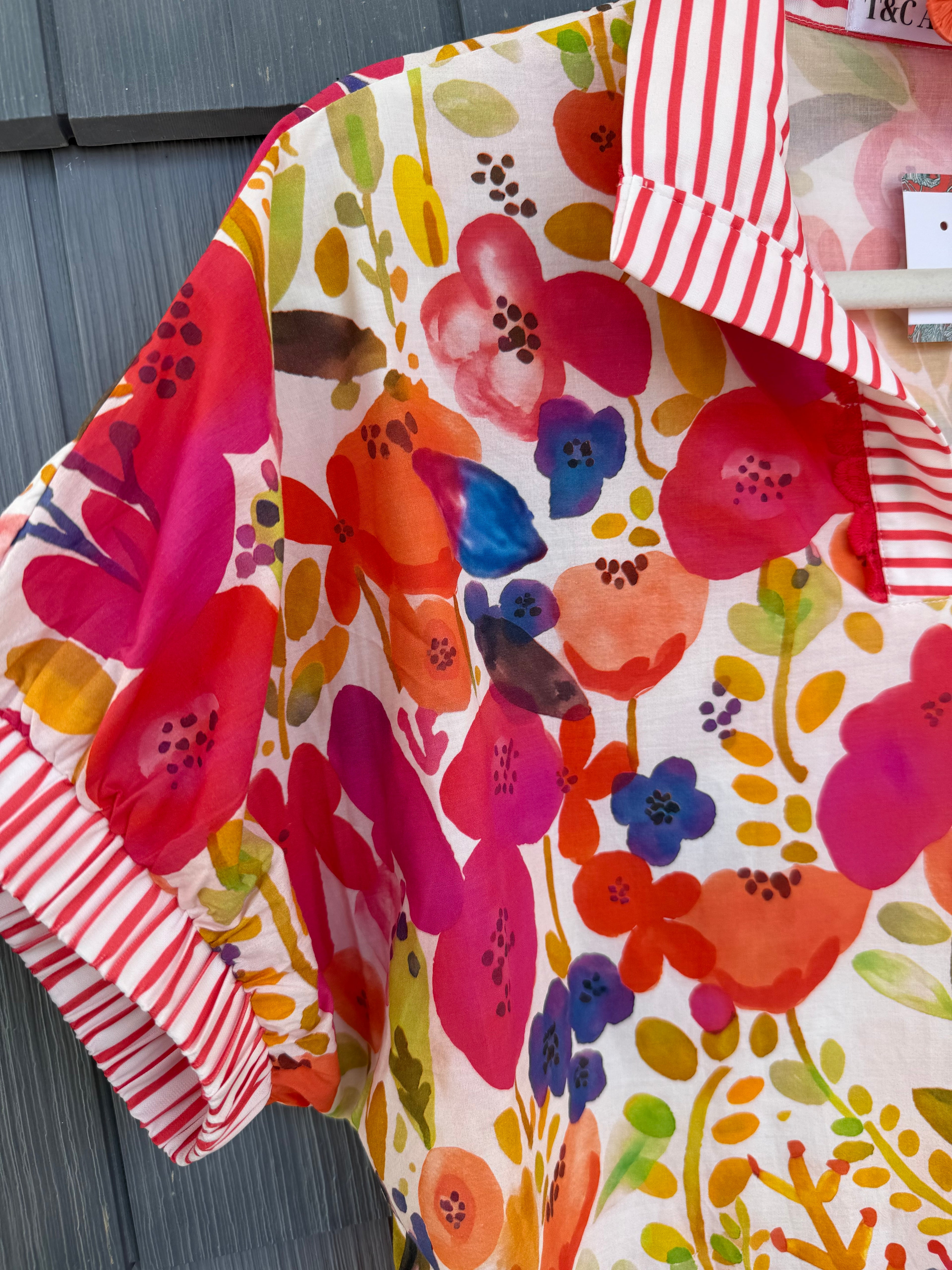 Rose Striped Trim Floral Blouse