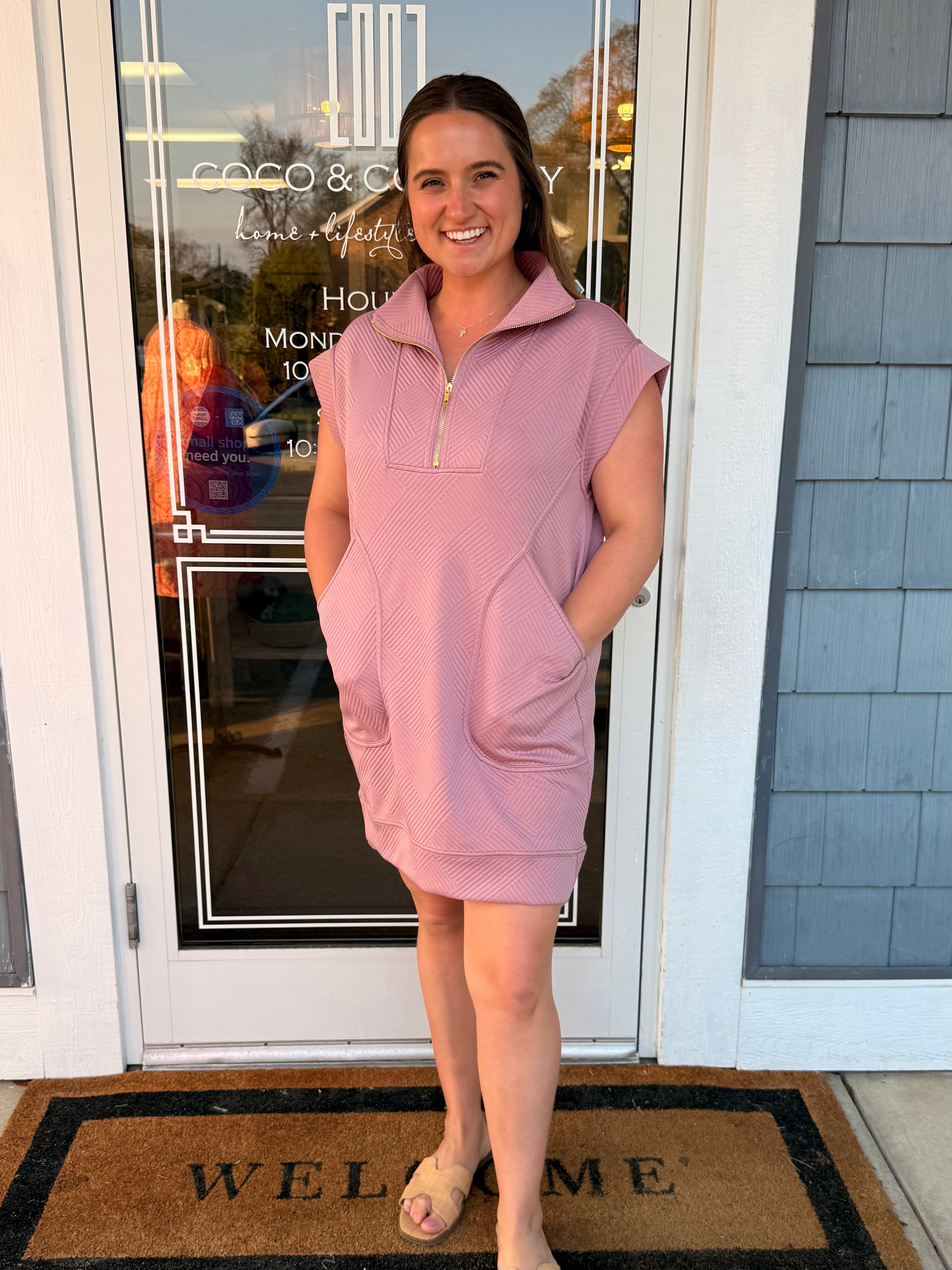 Textured Knit Quarter Zip Dress Light Rose