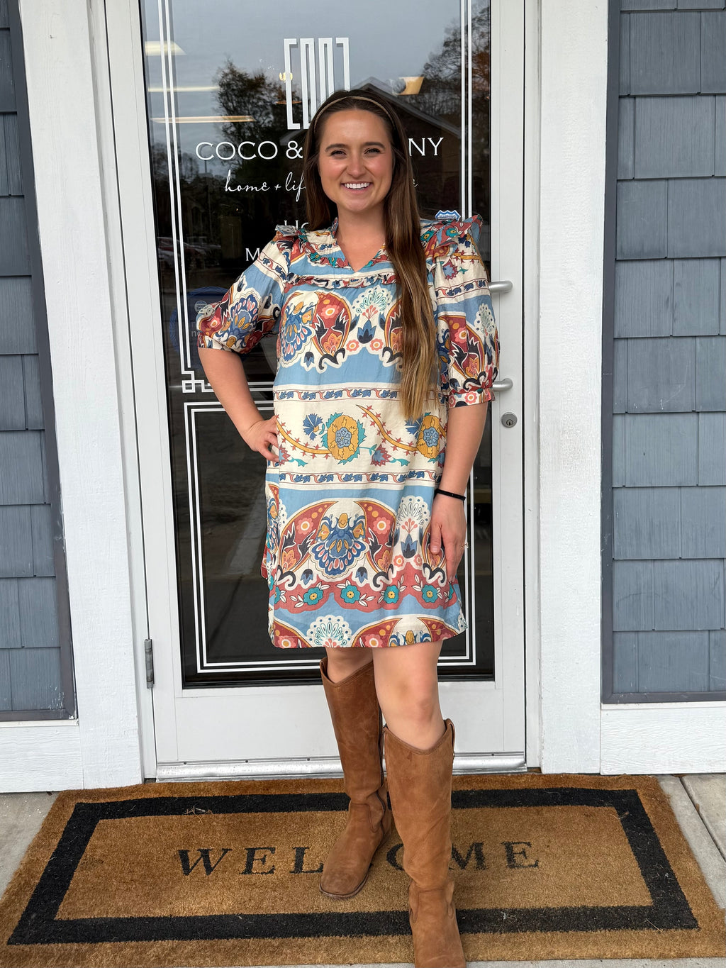 Blue Border Print Mini Dress