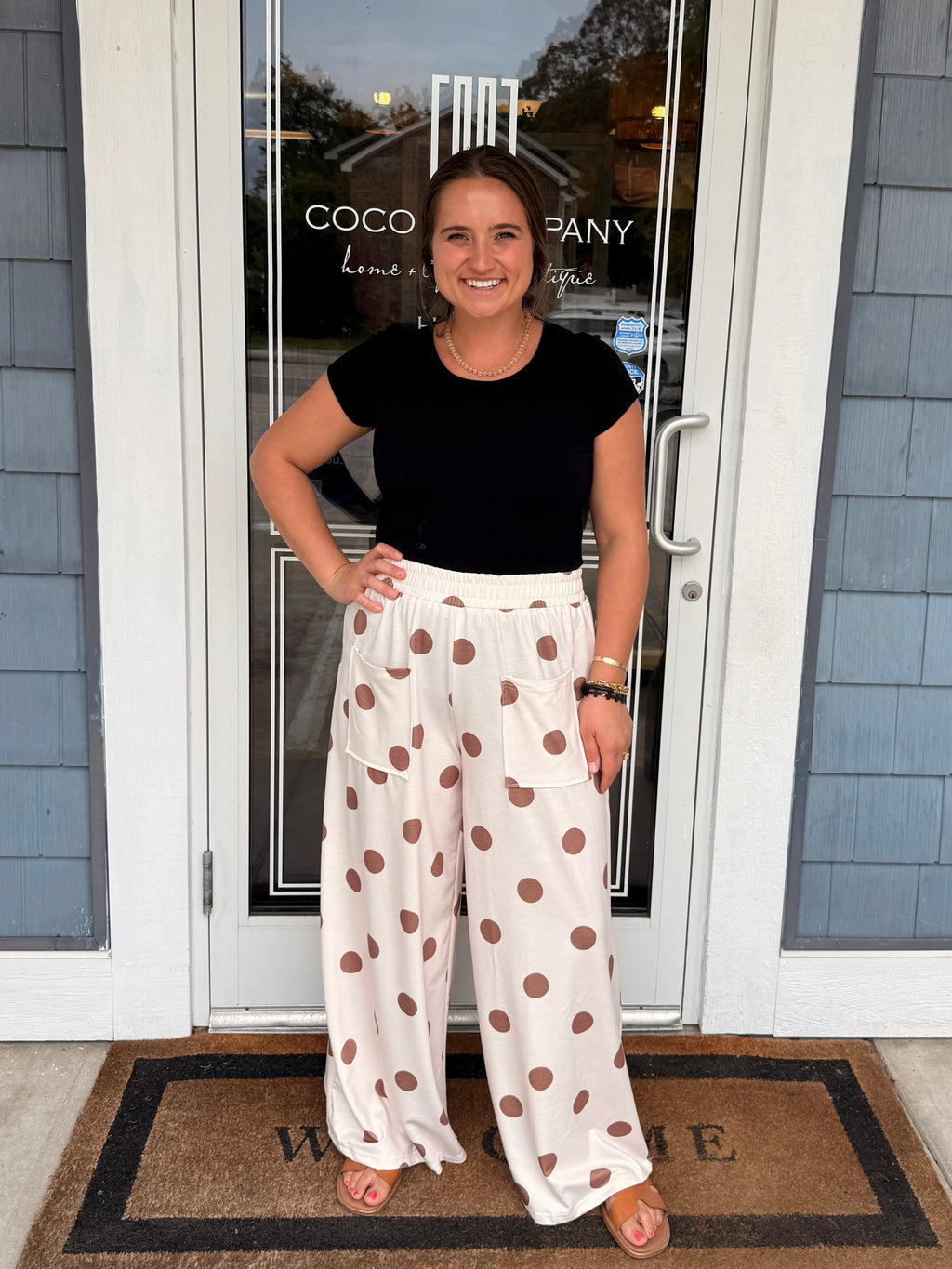 Brown & Cream Polka Dot Elastic Wide Leg Pants