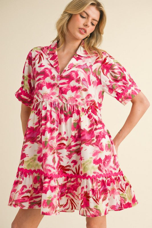 Fuchsia Floral Notched Collared Dress