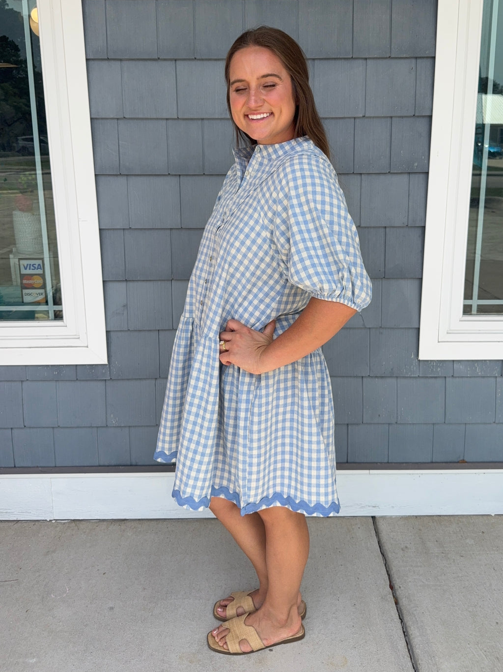 Sky Blue Gingham Button Down Ric Rac Dress