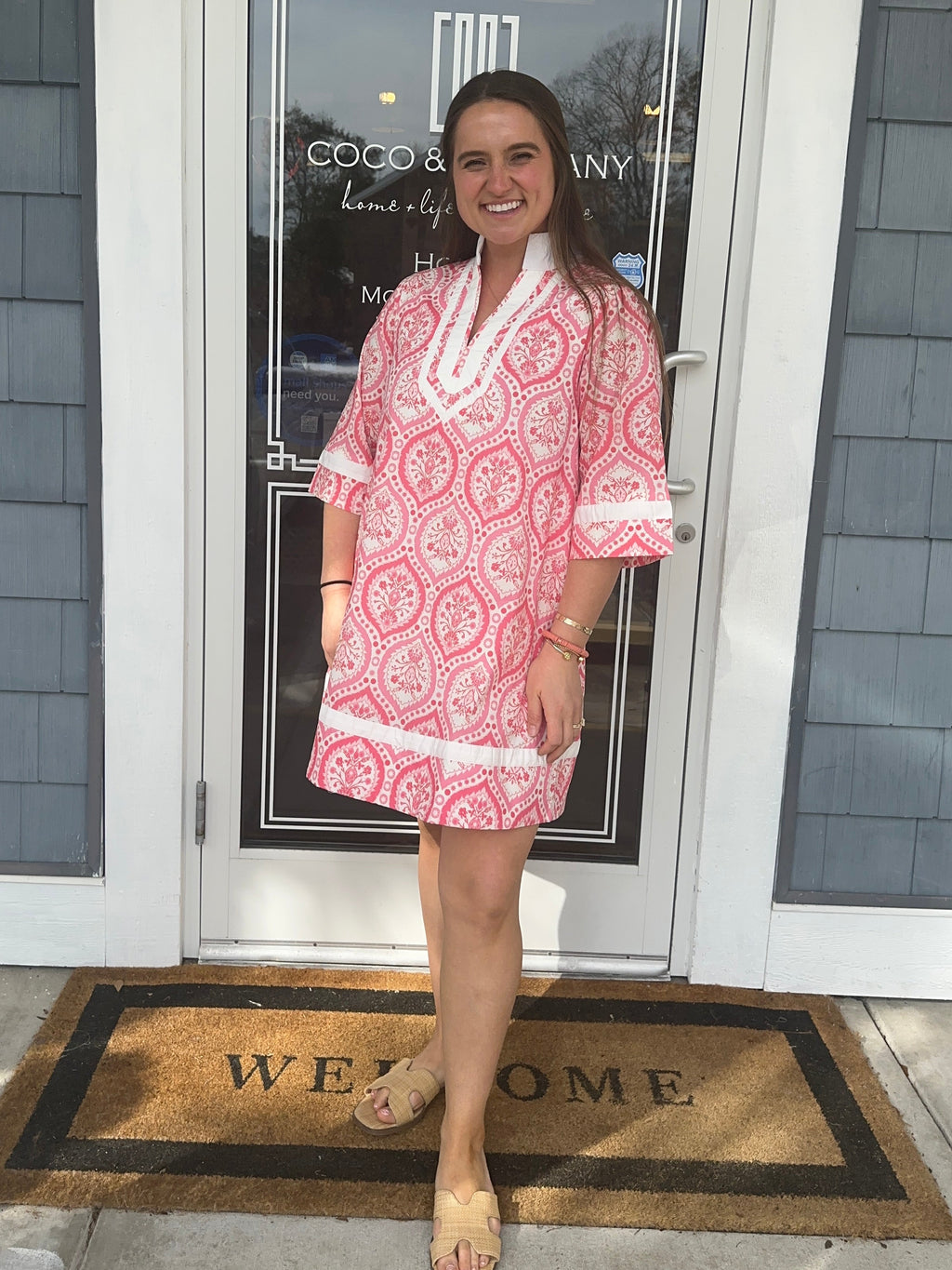 Pink Botanical 3/5 Sleeve Mini Dress