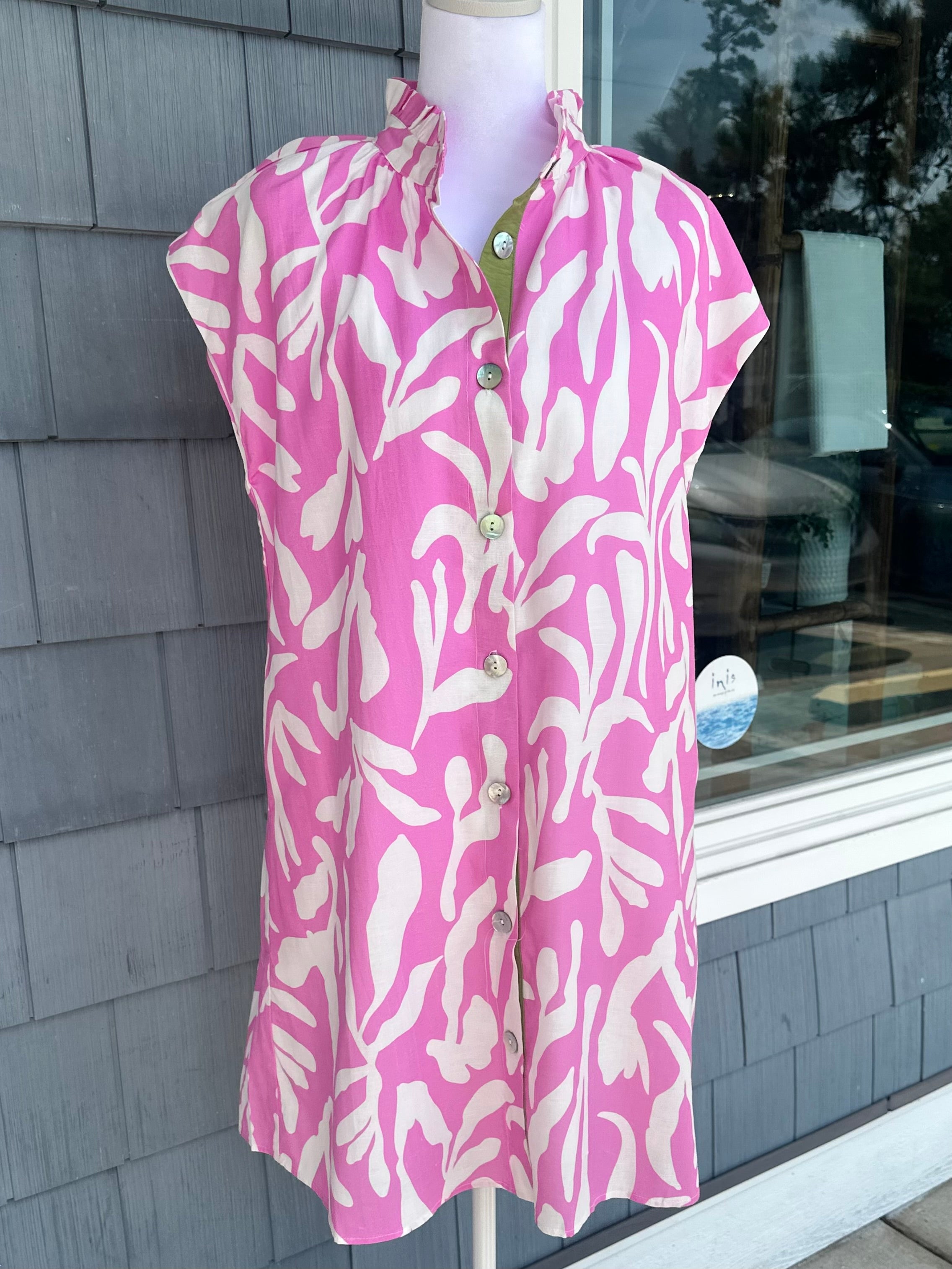 Pink Short Sleeve Woven Patern Detail Dress THML