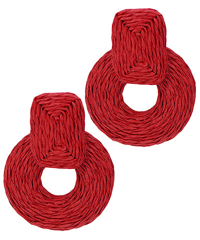 Wrapped Raffia Circle Dangle Earrings Red