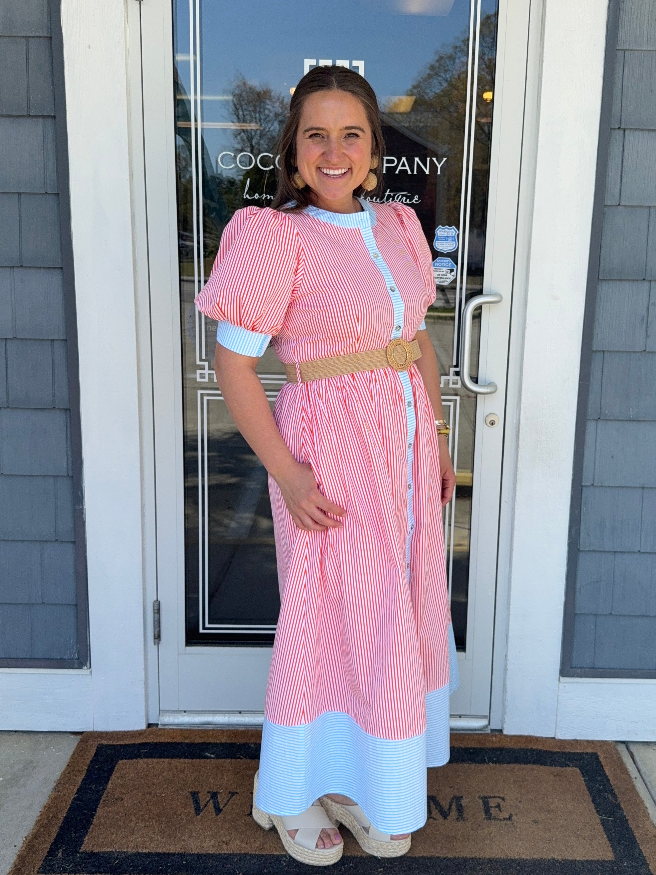 Orange & Blue Stripe Midi Dress w/ Belt