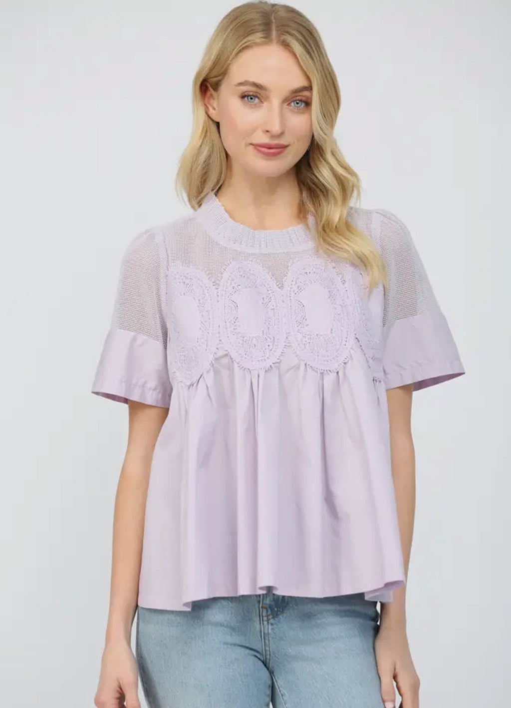 Lace Appliqué Mixed Media SS Lavender Top