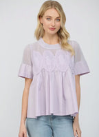 Lace Appliqué Mixed Media SS Lavender Top