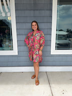 Abstract Pink Puff Sleeve Babydoll Dress