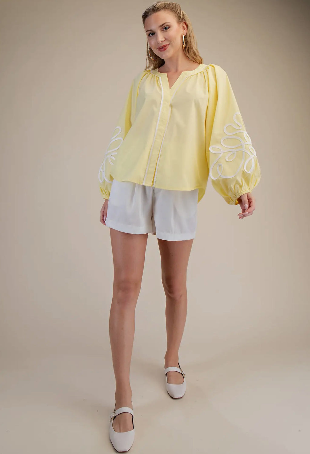 Butter Yellow Soutache Contrast Detail Puff Sleeve Top
