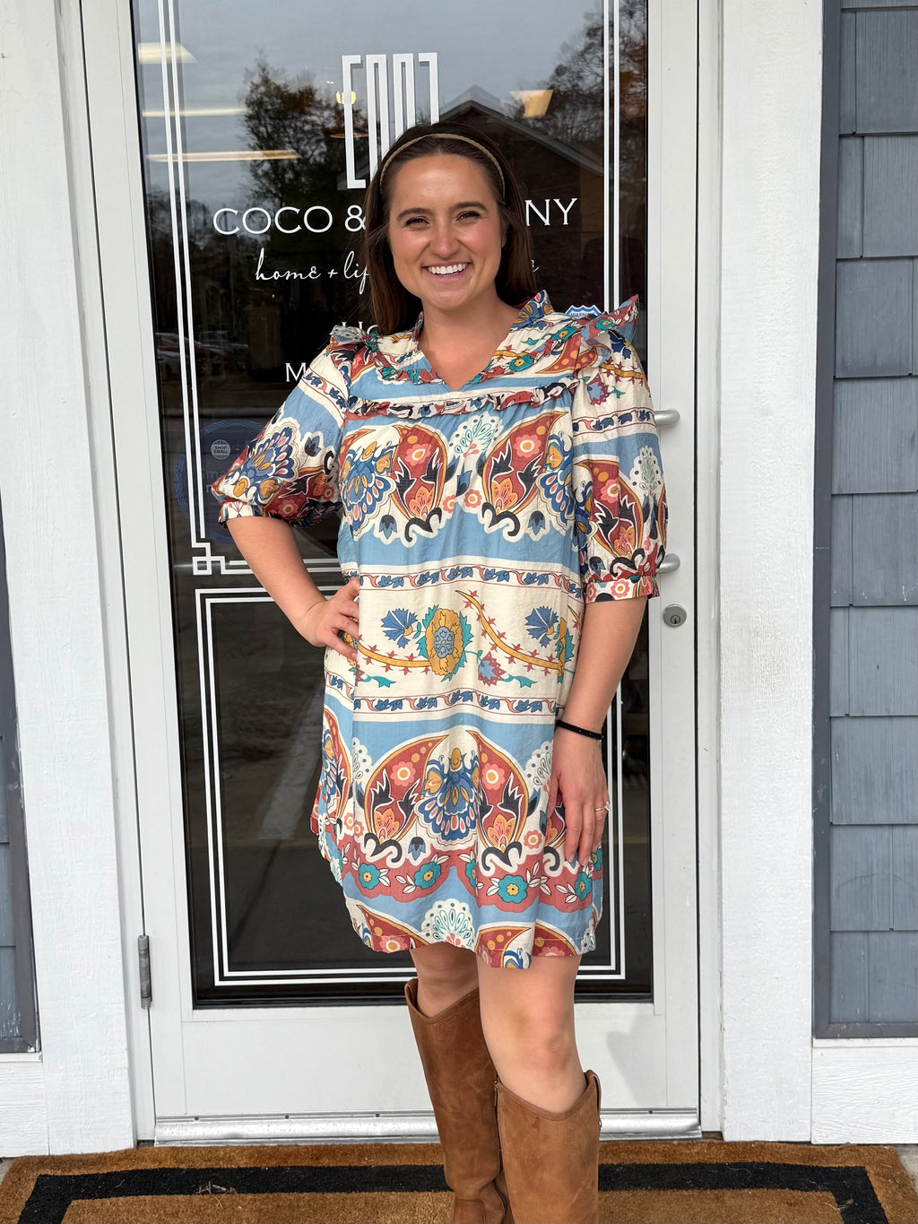 Blue Border Print Mini Dress