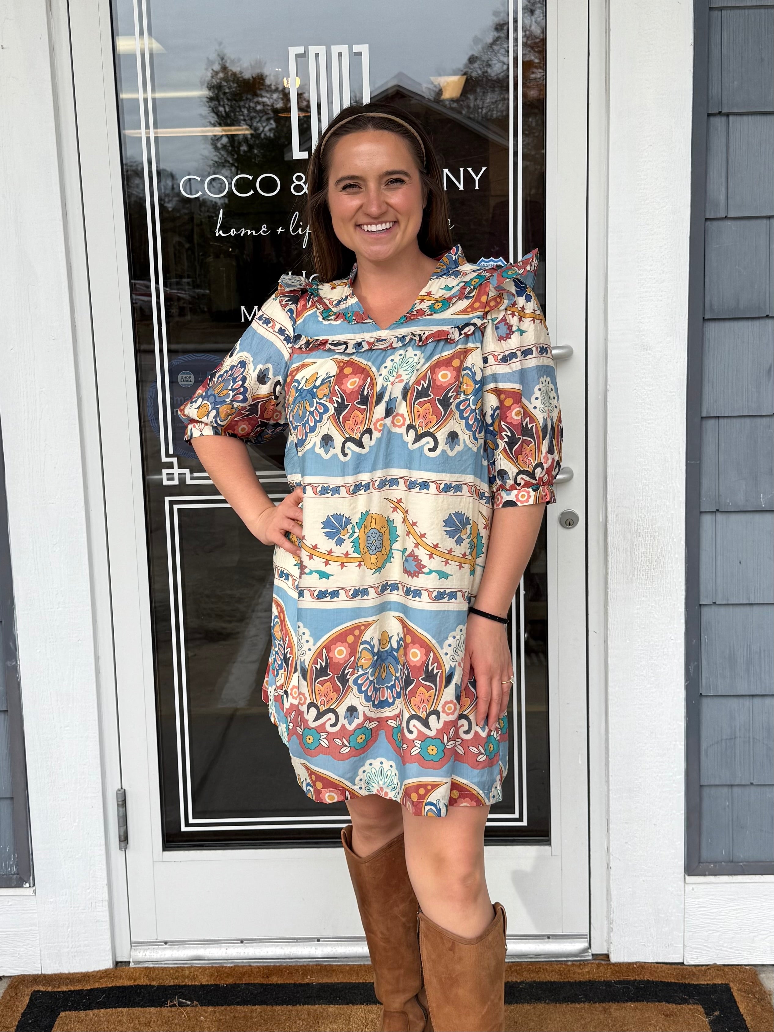 Blue Border Print Mini Dress