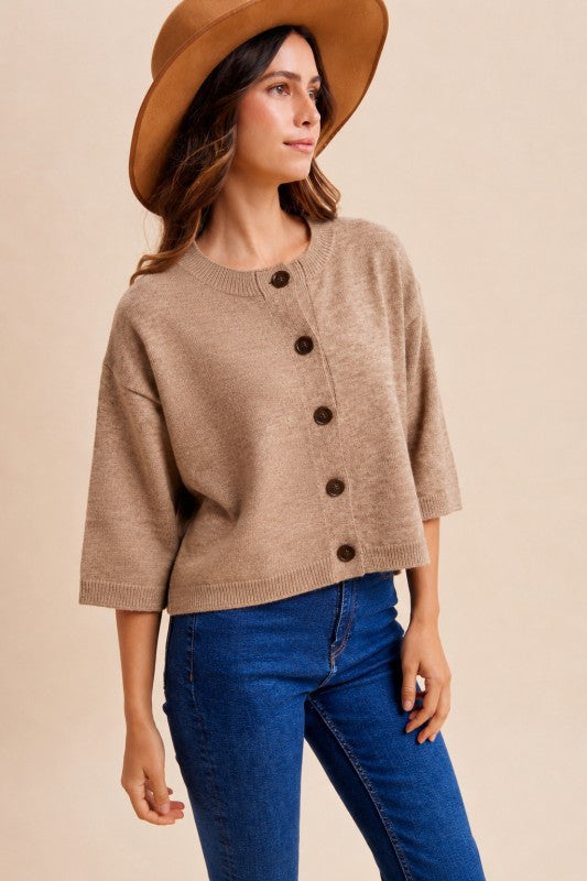 Soft Mocha Half Sleeve Button Down Knit Cardigan