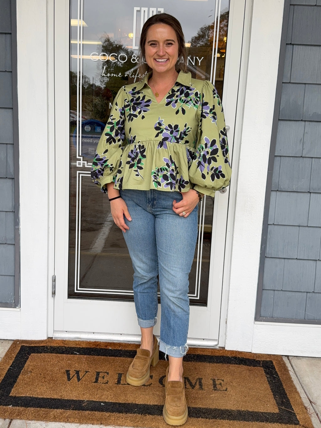 Olive Floral Peplum Top