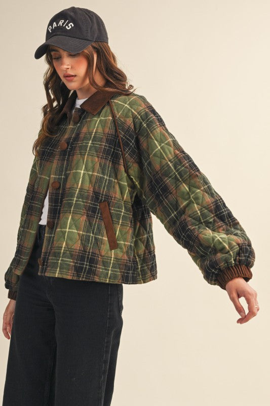 Olive Plaid Quilted Jacket With Corduroy Jacket SHIPS OR PICKUP FROM COCO 10/15/25