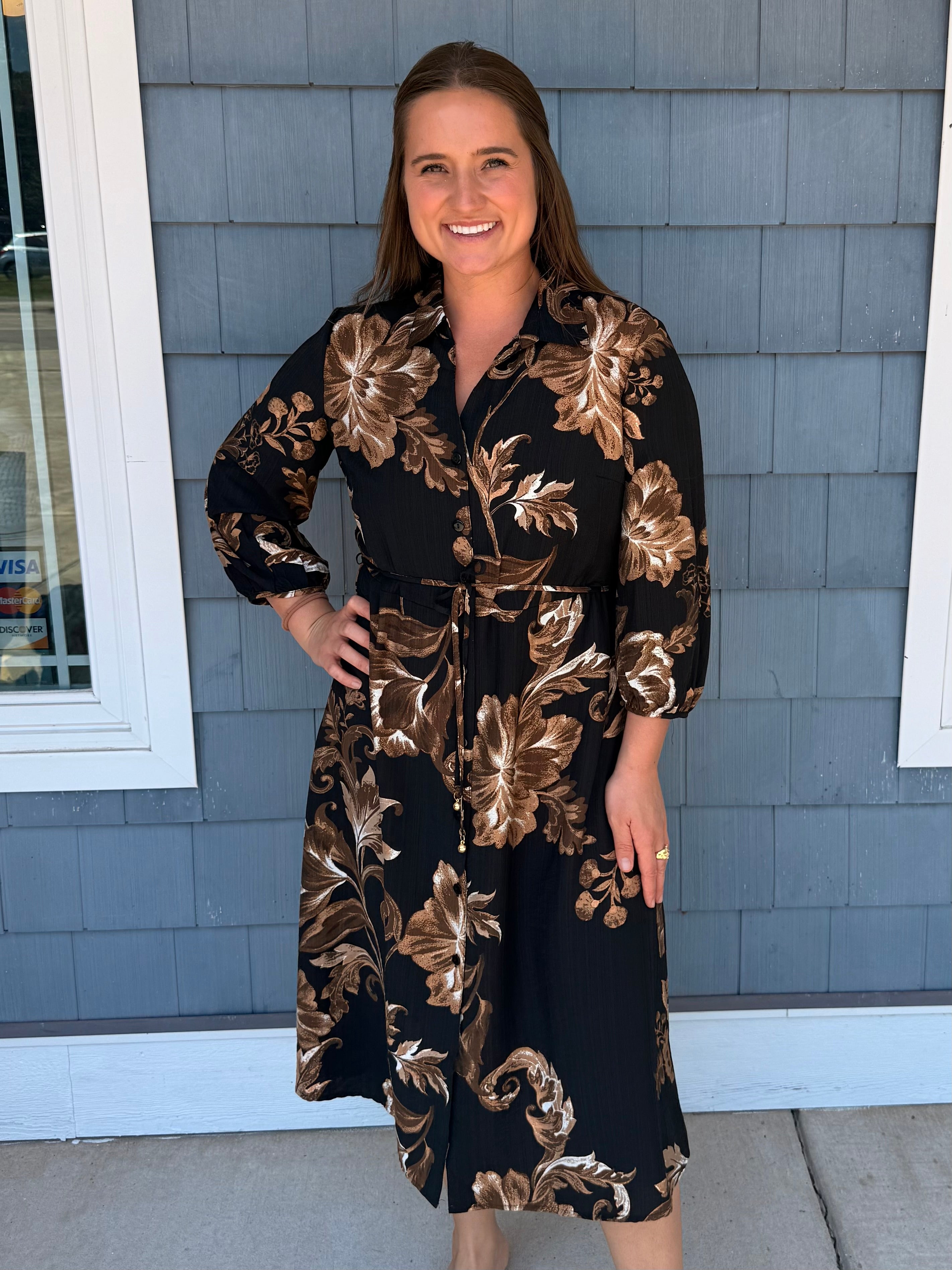 Fall Floral Black & Brown Self Tie Midi Dress