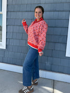 Red Orange Multi Floral Half Zip Mock Neck Pullover Sweater