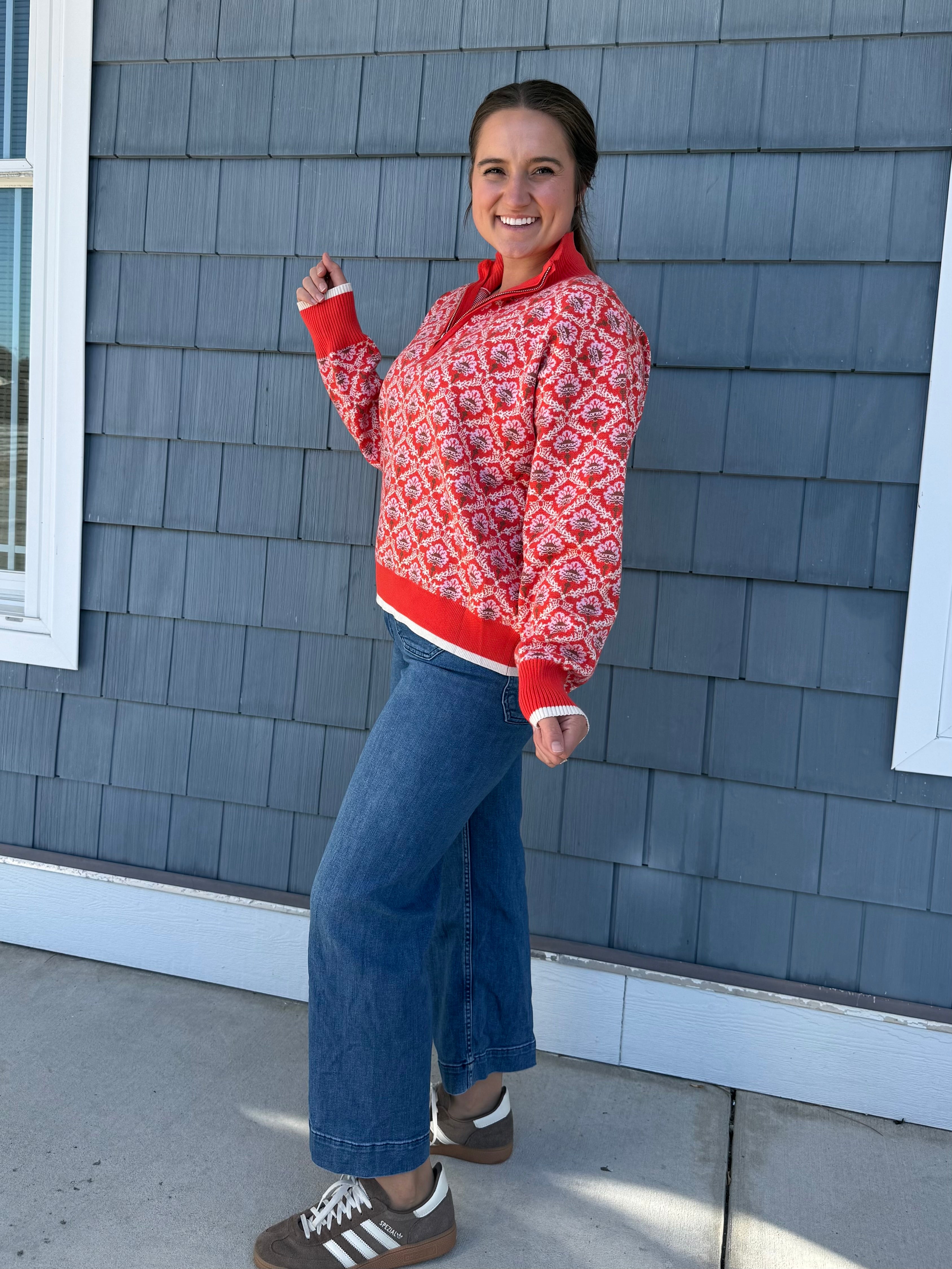 Red Orange Multi Floral Half Zip Mock Neck Pullover Sweater