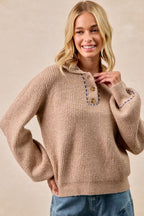 Mocha Solid Buttoned Navy Trim Sweater Top