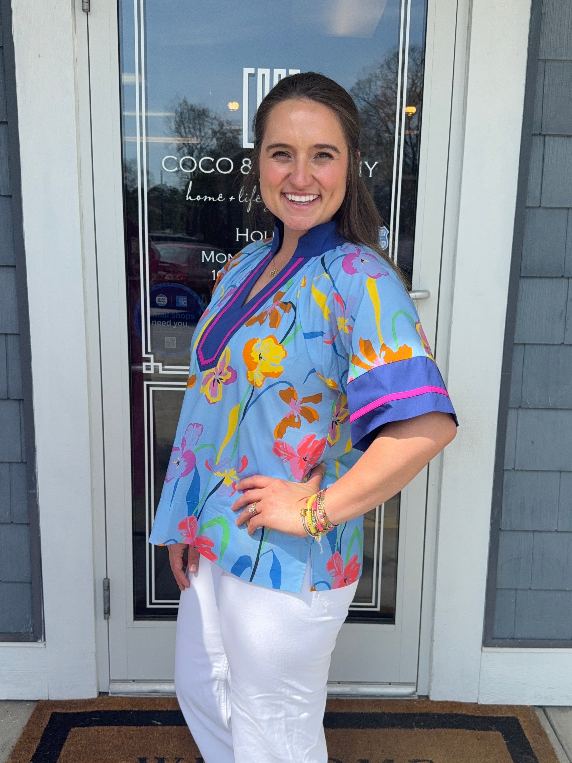 Blue Floral Contrast Detail Top