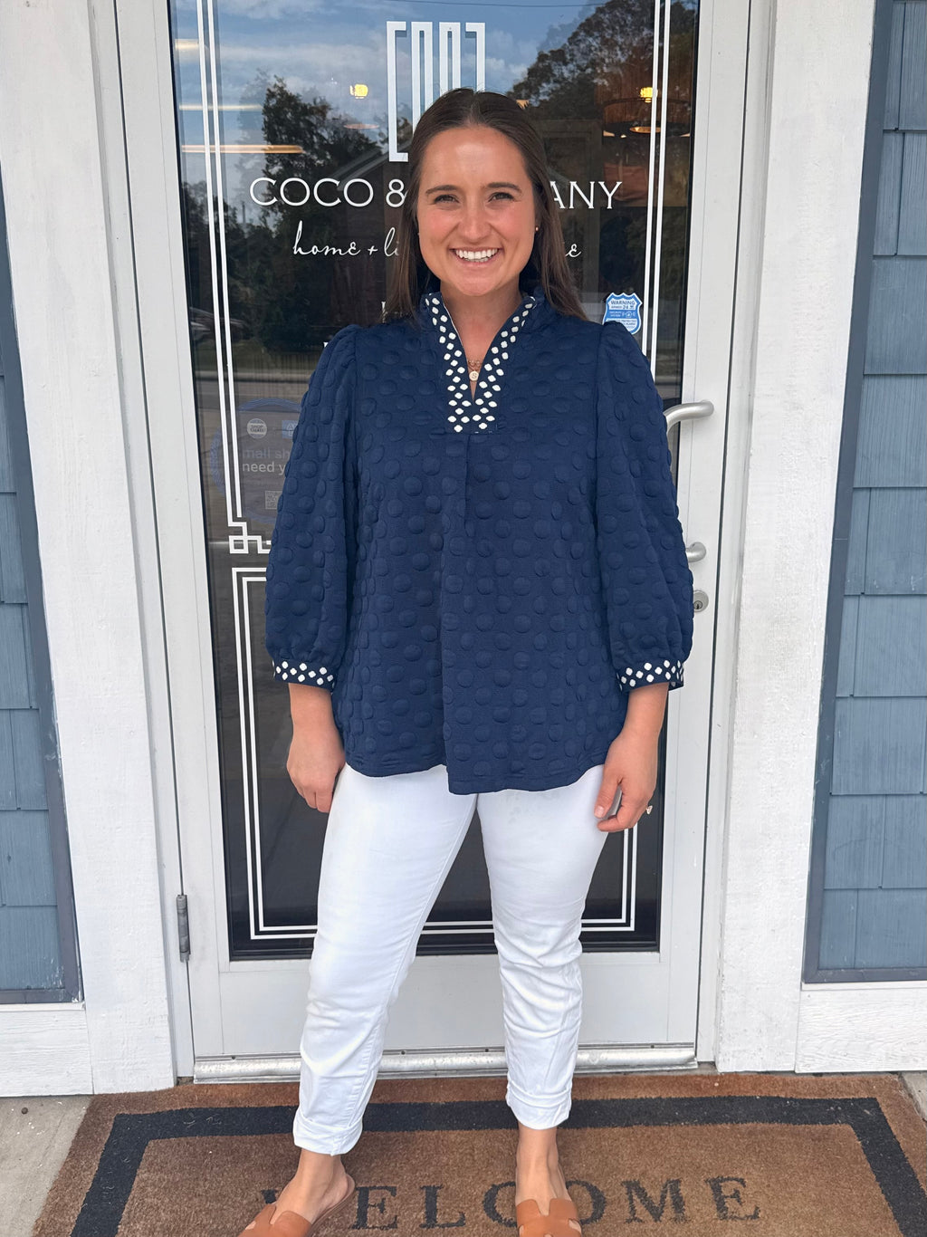 Navy Jacquard Polka Dot Contrast Trim Top
