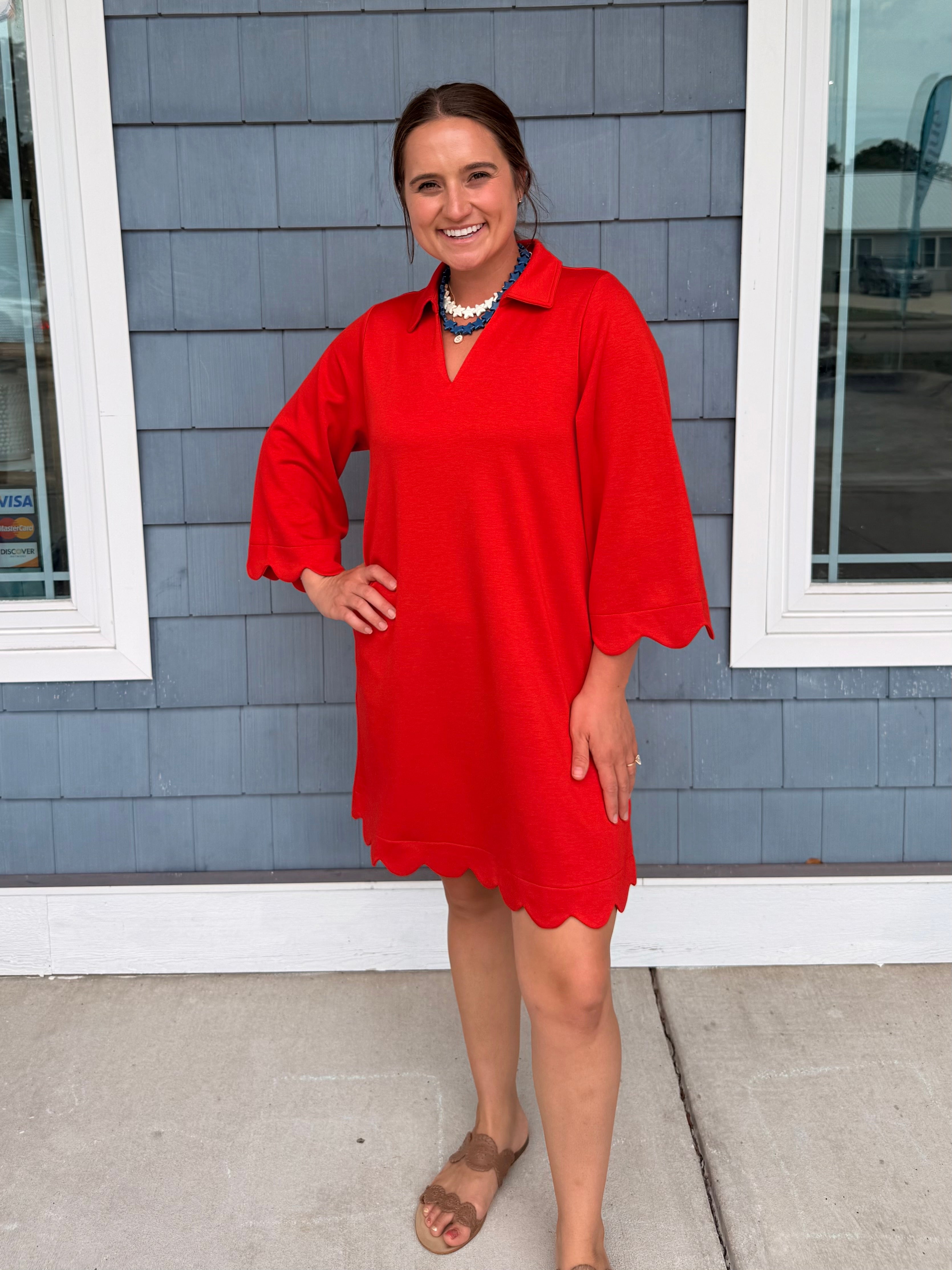 Red Scalloped Hem Solid Dress