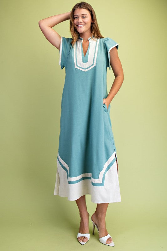 PREORDER: Dusty Mint Linen V-neck Midi Dress