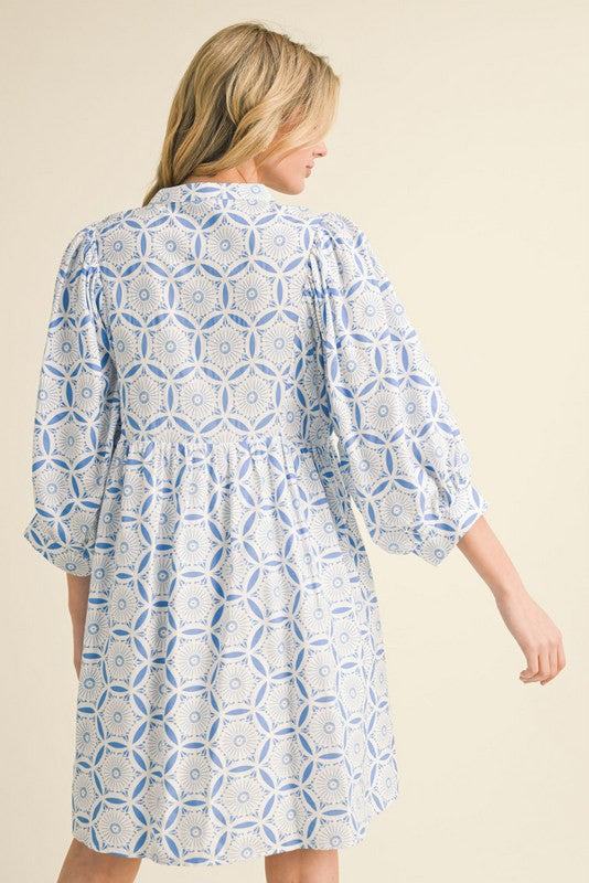 Blue Geometric Print 3/4 Sleeves Dress