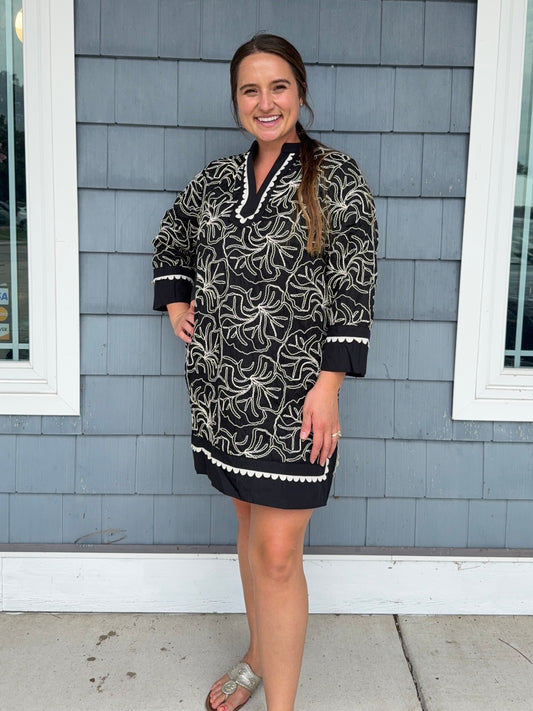 Black Embroidered Notch Neck Dress
