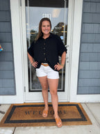 Black Linen Ruched Seam Cuffed Sleeve Button Down Top
