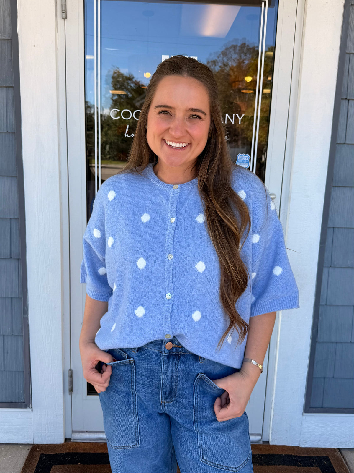 Blue Polka Dot Short Sleeve Crew Neck Knit Cardigan
