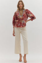 Burgundy Floral Print Scalloped Top