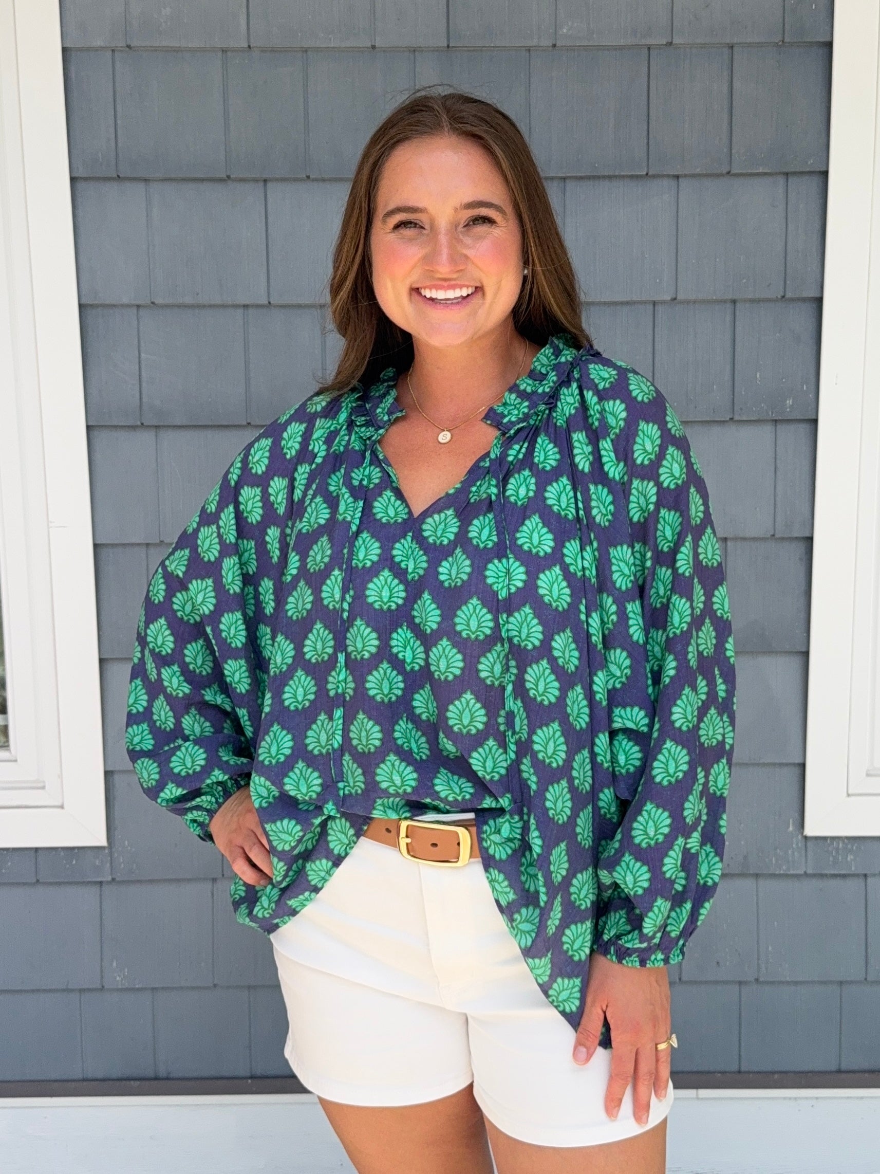 Navy Mix Blouse With Adjustable Tie String
