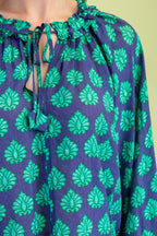 Navy Mix Blouse With Adjustable Tie String