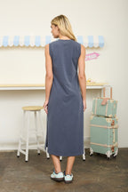 Navy Round Neck Sleeveless Side Slit Midi Shirt Dress