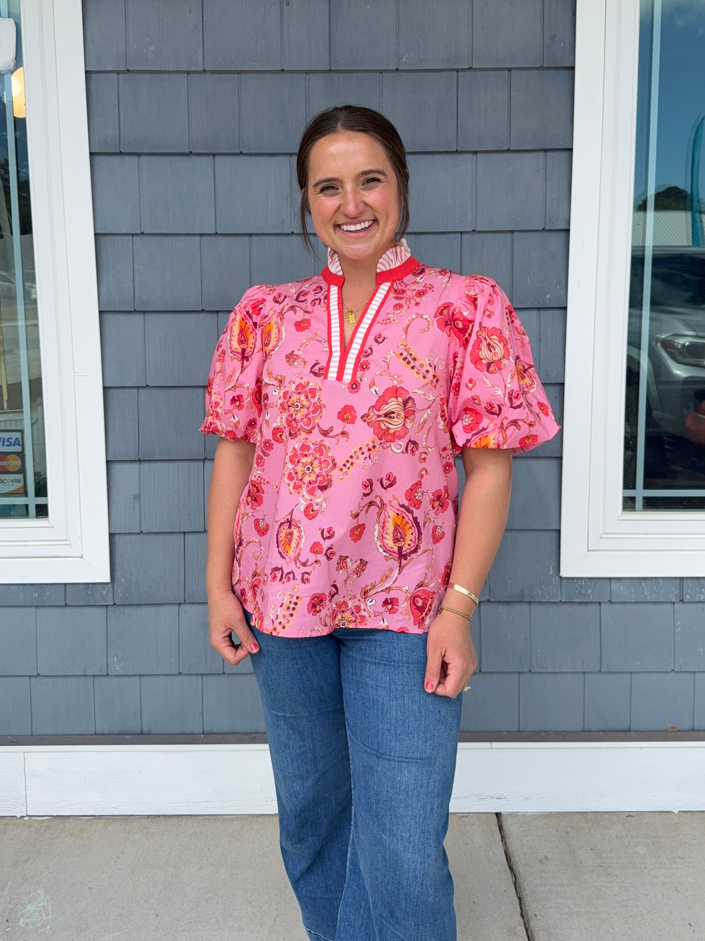 Pink Floral Balloon Sleeve Top